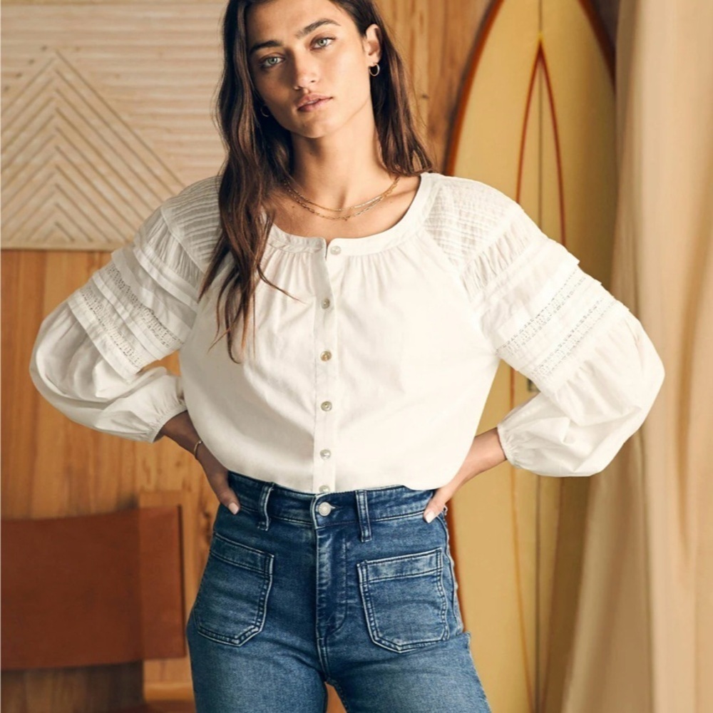 Faherty Sz L White Blouse Enna Top Button Down Cotton Great Pre Owned Cond